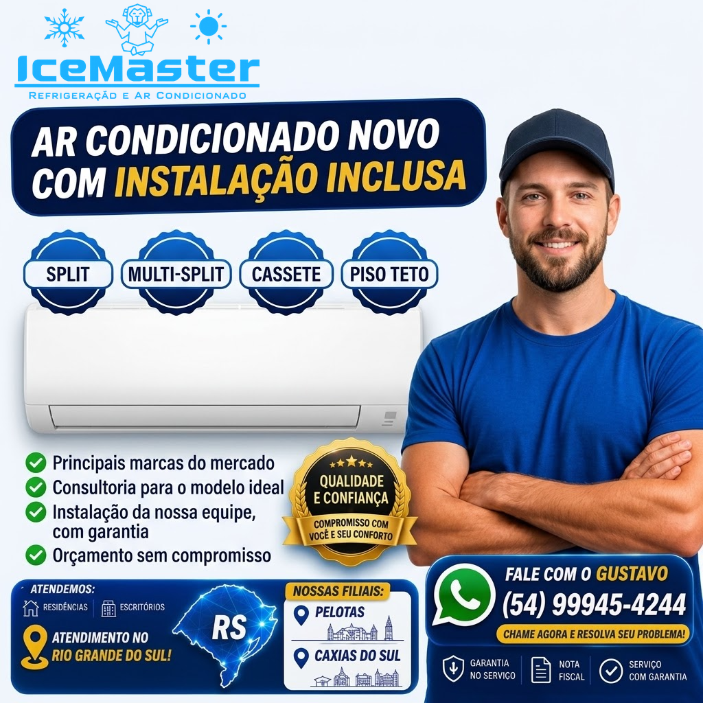 Ice Master vende ar condicionado novo (Split, Multi-Split, Cassete, Piso Teto) das principais marcas, com consultoria e instalação da equipe, com garantia.