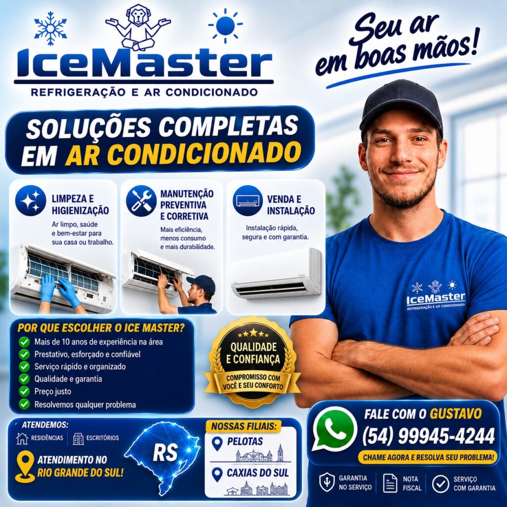 Soluções completas em ar condicionado da Ice Master: limpeza e higienização, manutenção preventiva e corretiva, venda e instalação.